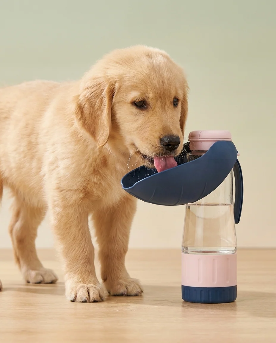 Golden Retriever puppy drinking from Hounddale Portable Water Bottle & Bowl