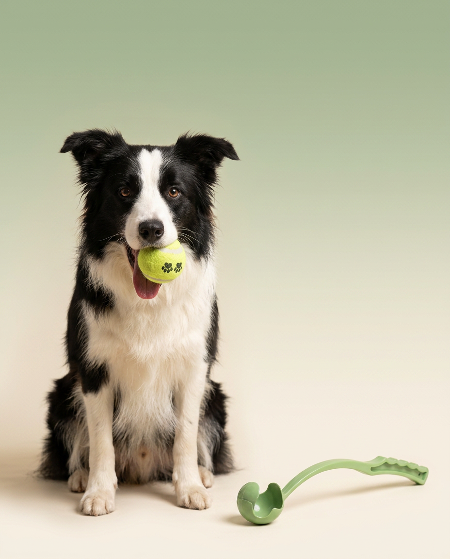 Border Collie with Hounddale Automatic Ball Launcher, cream to sage gradient